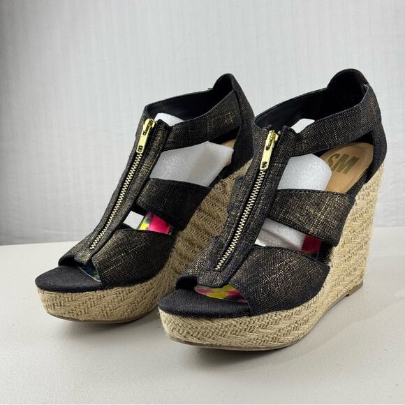 SM Steve Madden New York Black Denim & Gold Wedge Sandal Raffia Women’s Size 9.5 - Picture 1 of 9